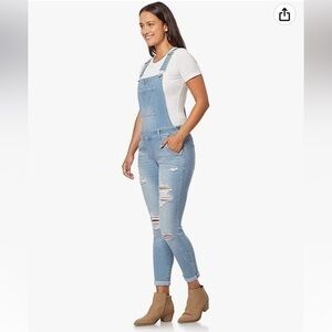 Almost Famous Jeans Denim Bib Overall Straight Leg Distressed Washed Blue Size 9